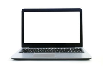 Isolated laptop with blank screen on white background. The front view of the laptop is a blank white screen on a white background which has a copyspace for inserting text or images.