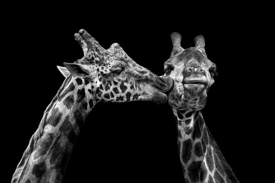 Male giraffe kissing female giraffe