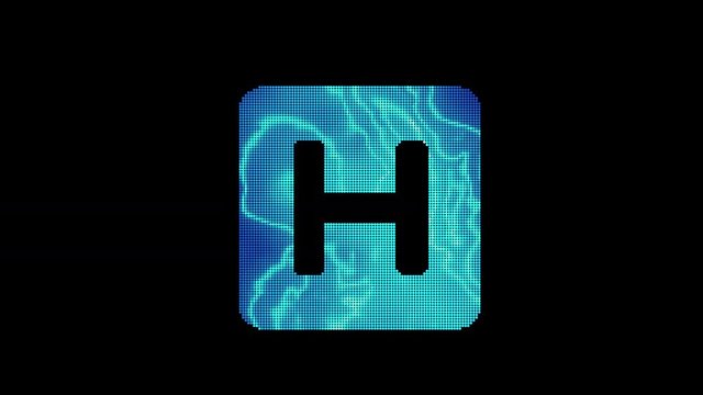 The symbol h square is assembled from small balls. Then it shimmers with blue. It crumbles and disappears. In - Out loop. Alpha channel
