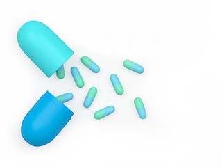 Blue pills scattered out of a large open medical capsule isolated on a white background. 3D illustration