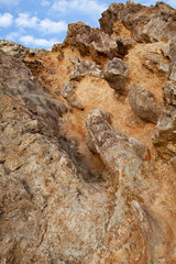 Beautiful panoramic views of the cliff, a mountain in the Black Sea, landscape, coastal travel and nature. Stone frozen lava of an ancient volcano