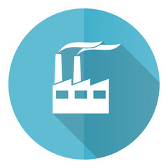 Factory blue round flat design vector icon isolated on white background, industrial building, plant, pollution illustration in eps 10