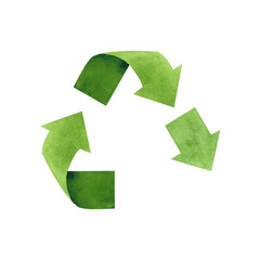 Watercolor downcycling sign, isolated on white background. Hand drawn reuse symbol for ecological design. Zero waste lifestyle.