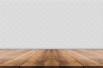 Empty wooden table top on white brick wall background, high quality, 3D rendering