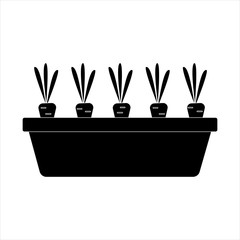 Vector silhouette of carrots in a pot on a white background, healthy and balanced diet. Vegetable growing in the garden. Flat design of the product without filling. Vector and stock illustration.