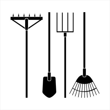 Shovel or spade, rake and pitchfork icons isolated on white background. Black silhouettes of garden items. Design sites icons for offerings. Vector and stock illustration.