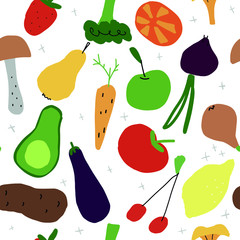 Seamless pattern of vegetables and fruits. Healthy vegetarian food Apple, pear, cherry, carrot, orange, lemon, mushrooms, avocado, broccoli, beets, onions, potatoes. Suitable for textiles, Wallpaper