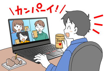 オンライン飲み会を楽しむ男女のイラスト