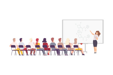 Female Physics Professor Teaching Students in Classroom, University, College, High School Lesson Flat Vector Illustration