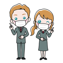 マスクを付けたスーツ姿の男女 
