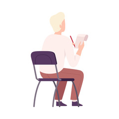 Fototapeta premium Male Student Sitting on Chair in Class, Back View of Young Man Writing in Notebook During University Lecture Flat Vector Illustration