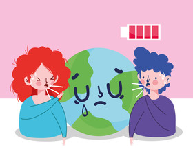 Woman man avatar with dry cough world and battery vector design