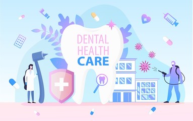Dental Health Care. Safety Medical Service. Huge Tooth, Protective Shield, Clinic Building, Woman Doctor in White Coat with Drilling Machine Tool, Man in Protection Suit. Disinfection and Sanitation