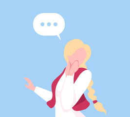 Young Woman Communicating with Speech Bubble, Social Networking Virtual Relationships Flat Vector Illustration