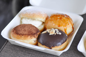 donut or doughnut, chocolate donut and caramel donut