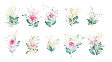 Watercolor floral illustration set. Green & gold leaves, branches, and glitter line art for wedding card, greeting, wallpaper, fashion, and background composition. Eucalyptus and wild leaves design.