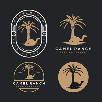 Camel ranch with date palm tree logo, simple minimalist design, animal nature icon.