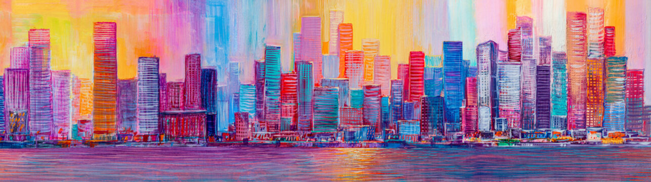 Artistic painting of skyscrapers.Abstract style. Cityscape panorama. © serge-b