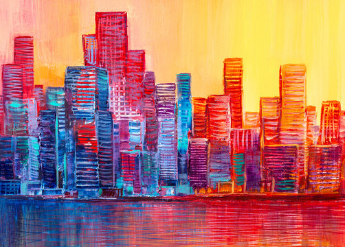 Artistic painting of skyscrapers.Abstract style. Cityscape panorama.. © serge-b