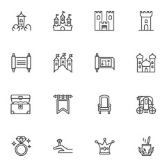 Fototapeta premium Fairytale, fantasy line icons set, outline vector symbol collection, Fairy Tale linear style pictogram pack. Signs, logo illustration. Set includes icons as medieval castle, treasure map, gold chest