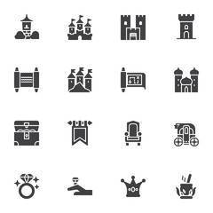 Fairytale, fantasy vector icons set, modern solid symbol collection, Fairy Tale filled style pictogram pack. Signs, logo illustration. Set includes icons as medieval castle, treasure map, gold chest