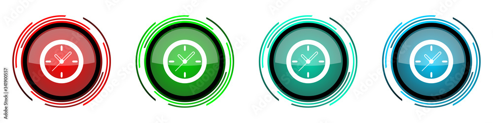 Leinwandbilder Time, clock, watch round glossy vector icons, set of buttons for webdesign, internet and mobile phone applications in four colors options isolated on white background