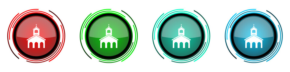 Religion, church round glossy vector icons, set of buttons for webdesign, internet and mobile phone applications in four colors options isolated on white background