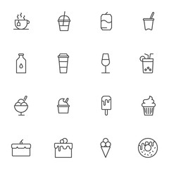 Dessert food line icons set, outline vector symbol collection, linear style pictogram pack. Signs logo illustration. Set includes icons as coffee cup, soda drink, water bottle, ice cream, cake, muffin