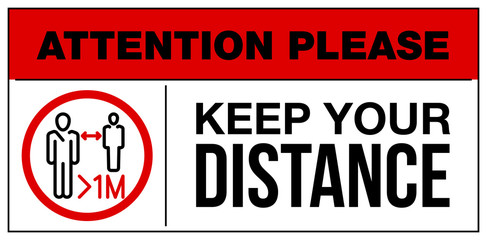 please keep your distance 1 meter warning and attention icon sticker. man face in mask icon danger sign for institution, COVID 19 epidemic and pandemic symbol. prevention coronavirus template sticker