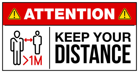 please keep your distance 1 meter warning and attention icon sticker. man face in mask icon danger sign for institution, COVID 19 epidemic and pandemic symbol. prevention coronavirus template sticker