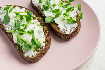 Two sandwiches on rye toast with peas microgreen and cottage cheese on pink plate. Macrobiotic healthy breakfast.