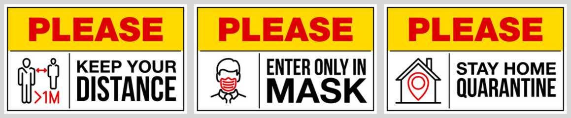 set of stickers for public institutions calling for prevention of coronavirus: keep distance 1 meter, wear a mask on face, stay at home. Prevention Coronavirus Covid 19 pandemic quarantine banner set