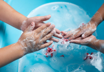 Fototapeta premium Coronavirus outbreak in 2019,Child washing hands with soap and Flu COVID-19 virus cell, Corona protection