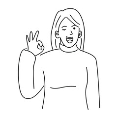 Young woman showing ok. Smiling cheerful girl in casual clothes showing okay sign isolated on a white background