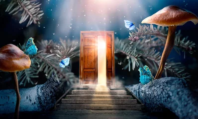  Fantasy enchanted fairy tale forest with magical opening secret door and stairs leading to mystical shine light outside the gate, mushrooms and flying fairytale magic butterflies in woods © julia_arda