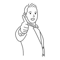Happy man shows gesture cool. Vector line art illustration