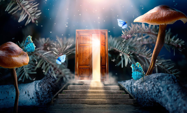 Fantasy enchanted fairy tale forest with magical opening secret door and stairs leading to mystical shine light outside the gate, mushrooms and flying fairytale magic butterflies in woods