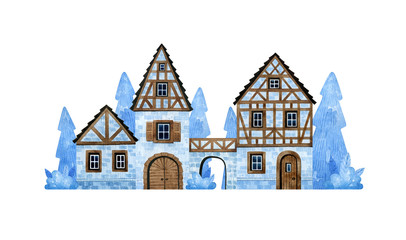 Fototapeta premium Watercolor hand-drawn street with old rural houses. Cute village street and fir trees in blue colour. Old European houses with wooden doors, tile roofs for postcards, invitation, packaging for sweets