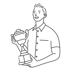 Happy winner smiling businessman character holds a trophy cup. Vector line art design illustration