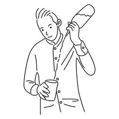 Vector illustration of a male bartender pouring a cocktail, a man serving at the bar. Line art vector illustration