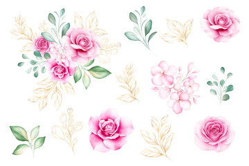 Set of watercolor flowers bouquet with individual elements. Floral illustration of soft peach roses, leaves, and buds arrangement. Botanic composition design