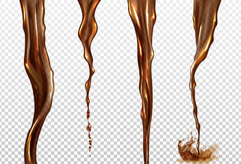 Cola splash. Vector realistic mockup of streams of black coffee, tea, whiskey or beer. Twisted flow of brown drink with splash and drops isolated on transparent background