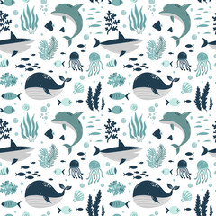 cute animals of the ocean, marine mammals, dolphin and whale, seamless pattern, cartoon vector illustration hand drawing - 341904348