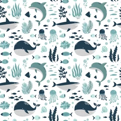 Tapeten süße Tiere des Ozeans, Meeressäuger, Delfine und Wale, nahtloses Muster, Cartoon-Vektor-Illustration Handzeichnung © Noli Molly
