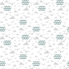 Fototapeta na wymiar sea with birds seagull, vector seamless pattern, illustration hand drawing