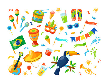 Brazil Rio carnival. Beautiful celebration party or masquerade in masks. Elements with carnival mask, maracas, bird,, musical instruments, fireworks. Seasonal event poster, banner vector