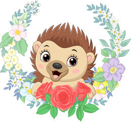 Cartoon baby hedgehog with flowers background
