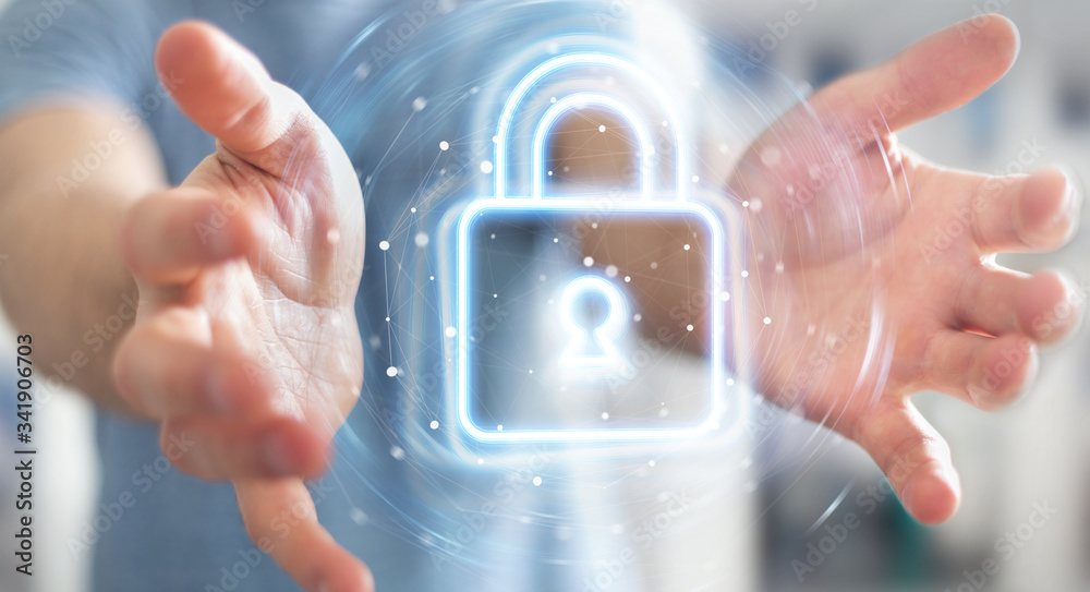 Aufkleber Man using digital web protection blue holographic interface 3D rendering
