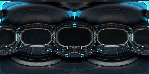 High resolution HDRI panoramic view of dark spaceship interior. 360 panorama reflection mapping of a futuristic spacecraft room 3D rendering © sdecoret
