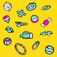 A vector illustration of classic vintage lucky packet icons of toys and candy